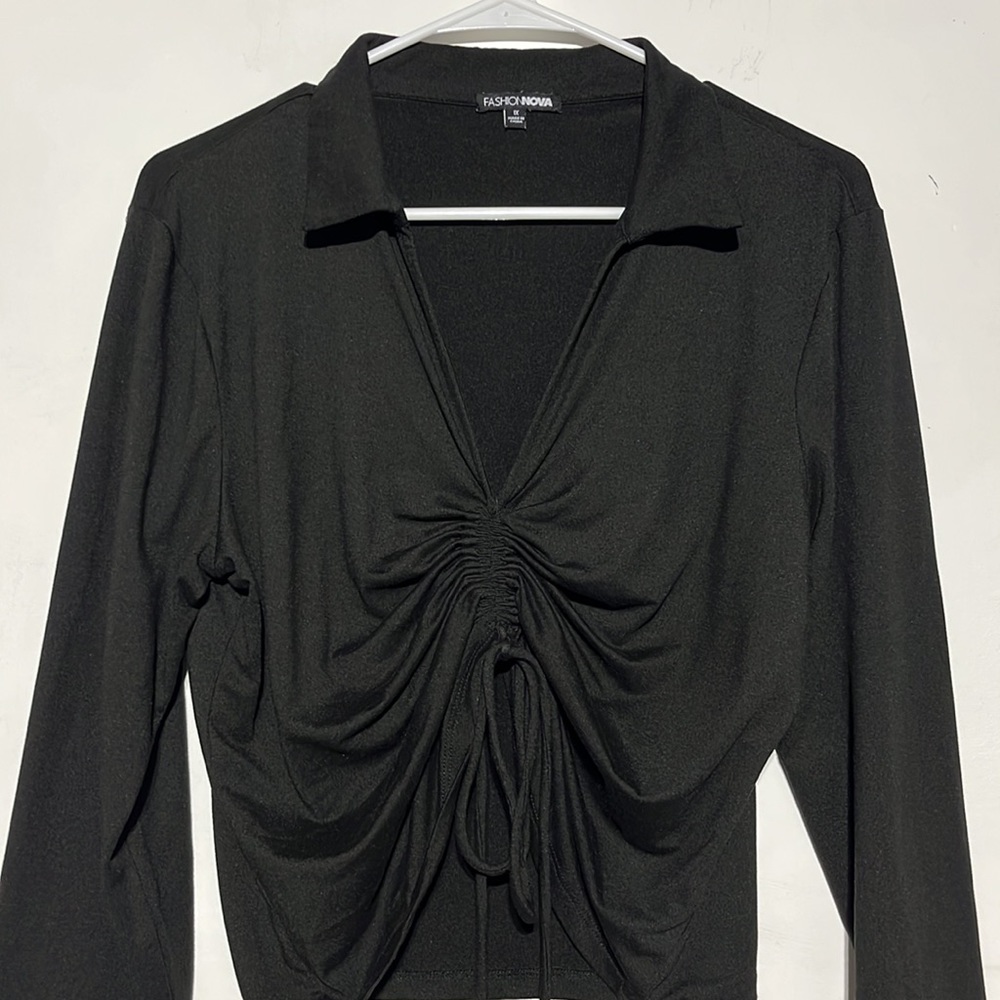 Fashion Nova Black Analisa Collared Ruched Long Sleeve Blouse Size 1X - Picture 4 of 8